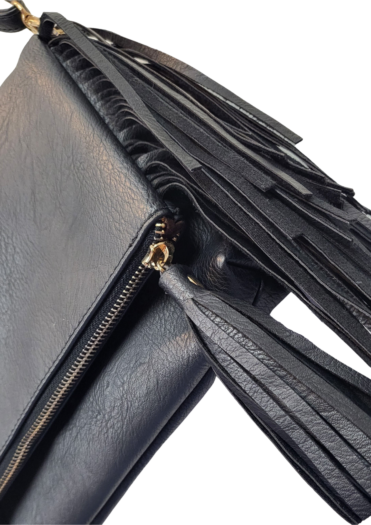 Black Fringe Shoulder Bag with zipper, fringe detail