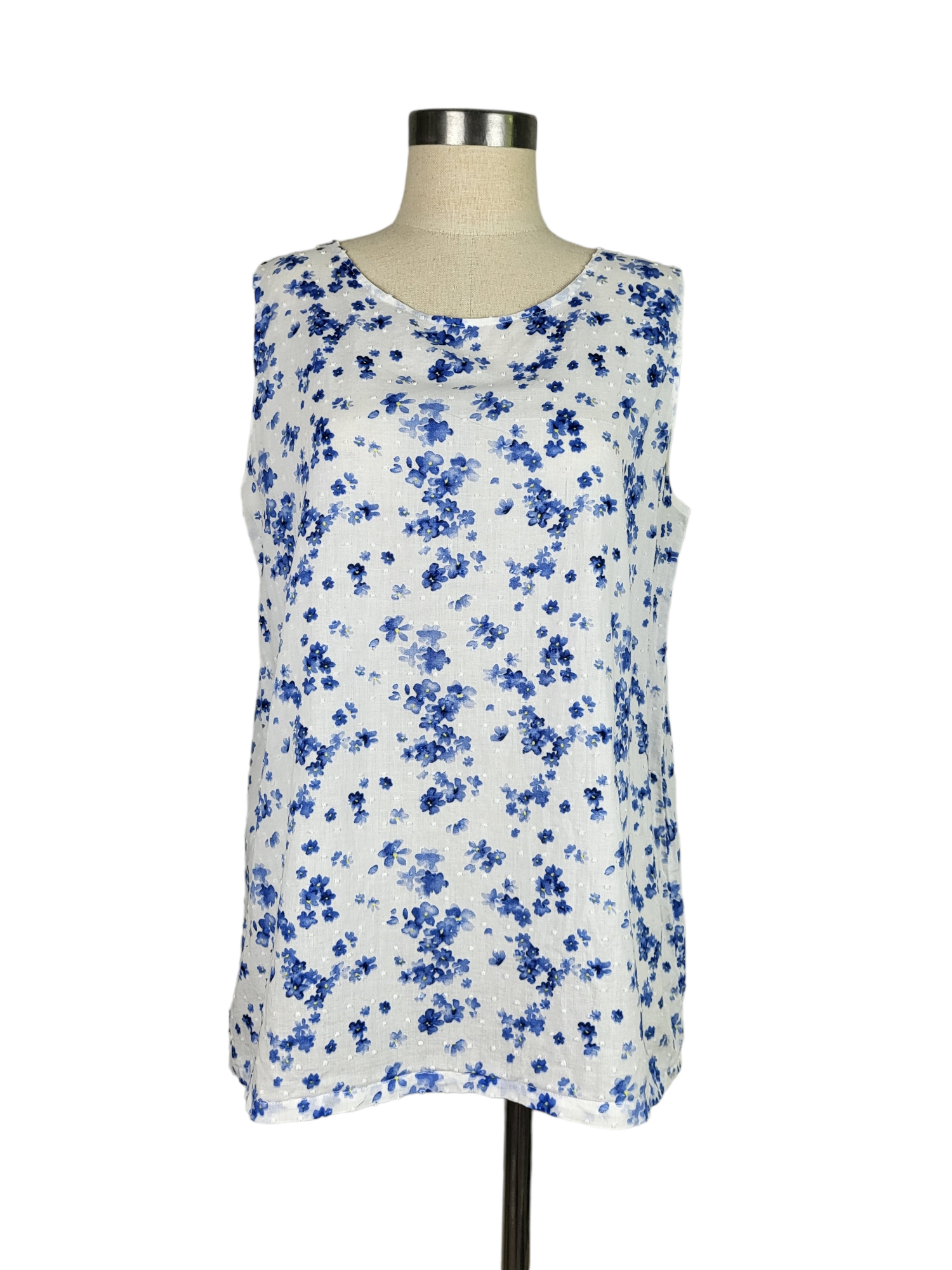 White Blue Floral Sleeveless Top, front