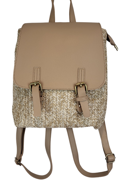 Woven Beige Mini Backpack, front view